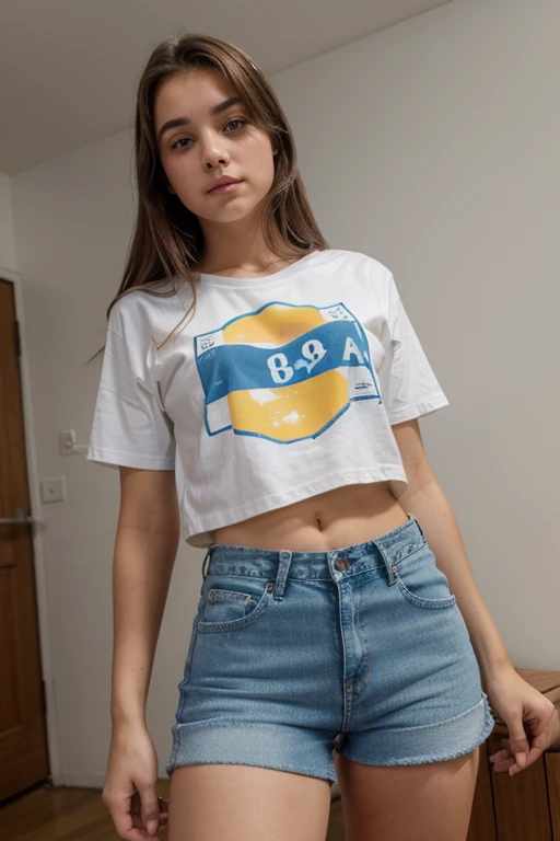 A beautiful woman standing, wearing ((Argentina t-shirt, jersey pants)), pale skin, smooth pale skin, skin tune pink, perfect body, detailed body, cute face, white hair, ponytail hair, super detailed, 8k