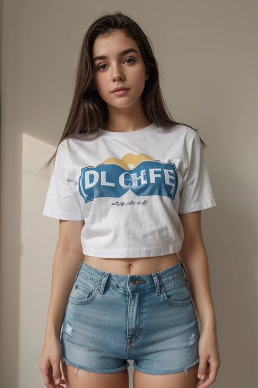 fotografia de uma mulher de 19yo, rosto perfeito, standing on her feet, de blusa e mini short jeans