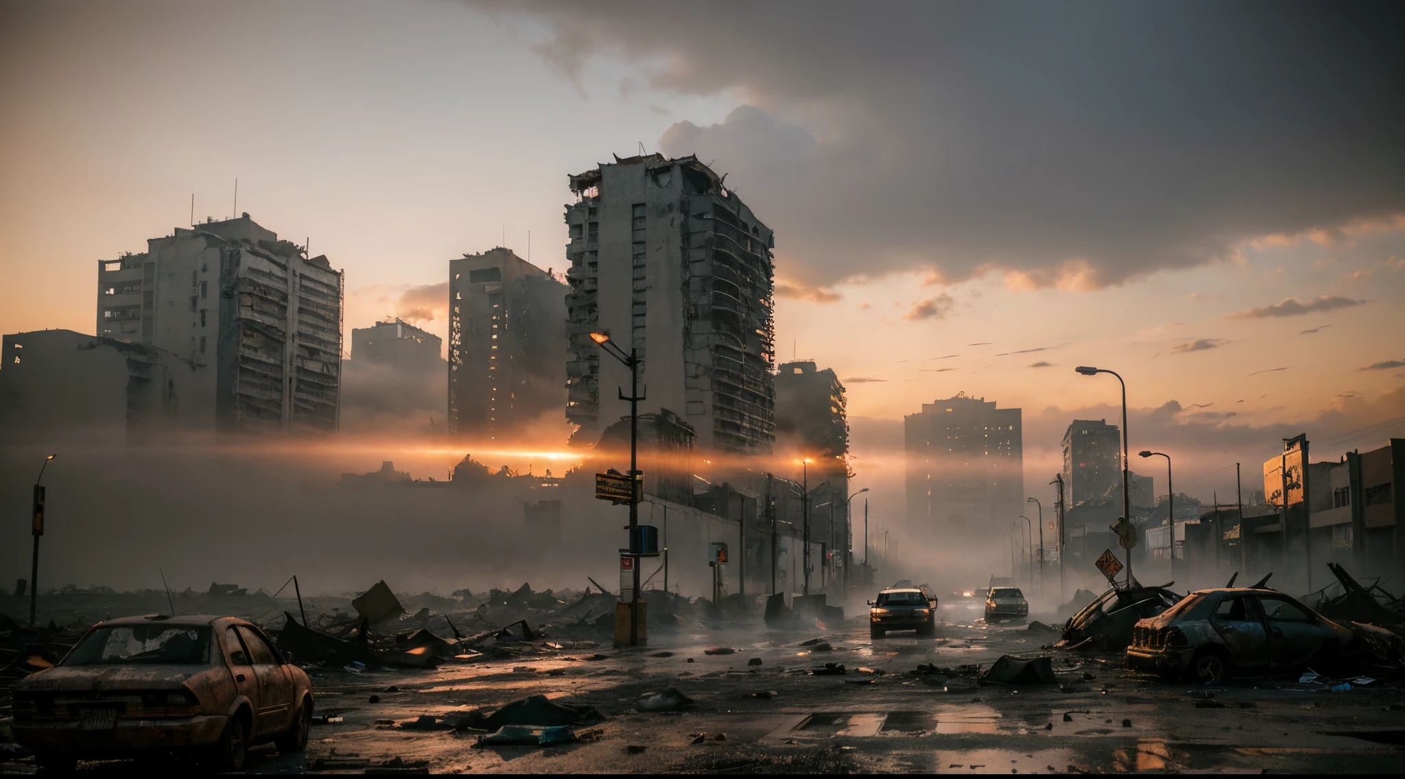 A desolate city in ruins, shrouded in thick fog and debris, with abandoned cars and signs of destruction. Zumbis vagam pelas ruas vazias, while the red sky suggests an atmosphere of chaos and despair.