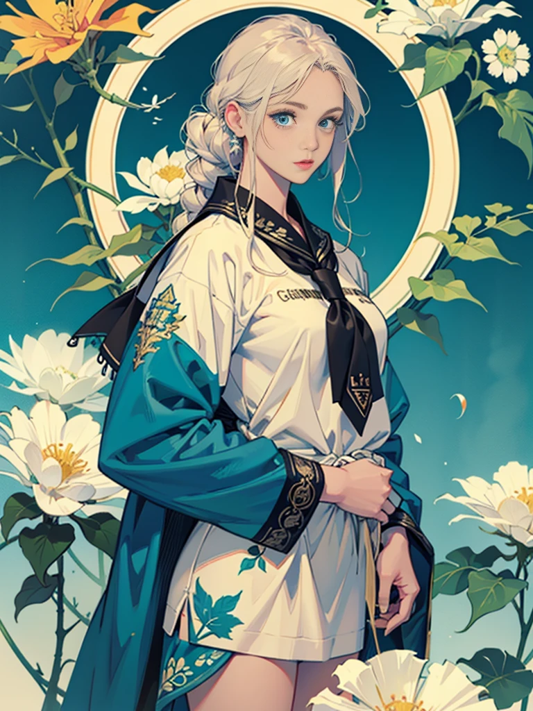 Create award-winning work, Highly detailed vector illustration of comic style wallpaper,Lots of turquoise and creamy flowers, decorated with intricate leaves.a sailor suit、beautiful a girl、high quality eyes、holding a machine gun、Beautiful nasal muscles