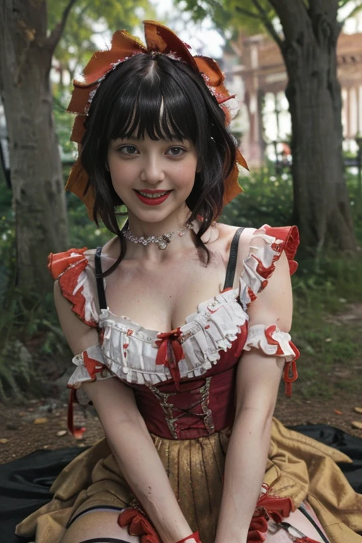 1woman, masterpiece, best quality, ultra-detailed, beautiful detailed, (((extremely detailed face))), (((blunt bangs))), (((big frills and ribbon))), grin, (((red blouse))), (black skirt), suspender dress, frills, lace, (long hair), ((garter belt)), (((piercing jewelry))), (((look down))), (dirty street), (jack o lantern), (Red Riding Hood), (crowd), ((short bob hair))