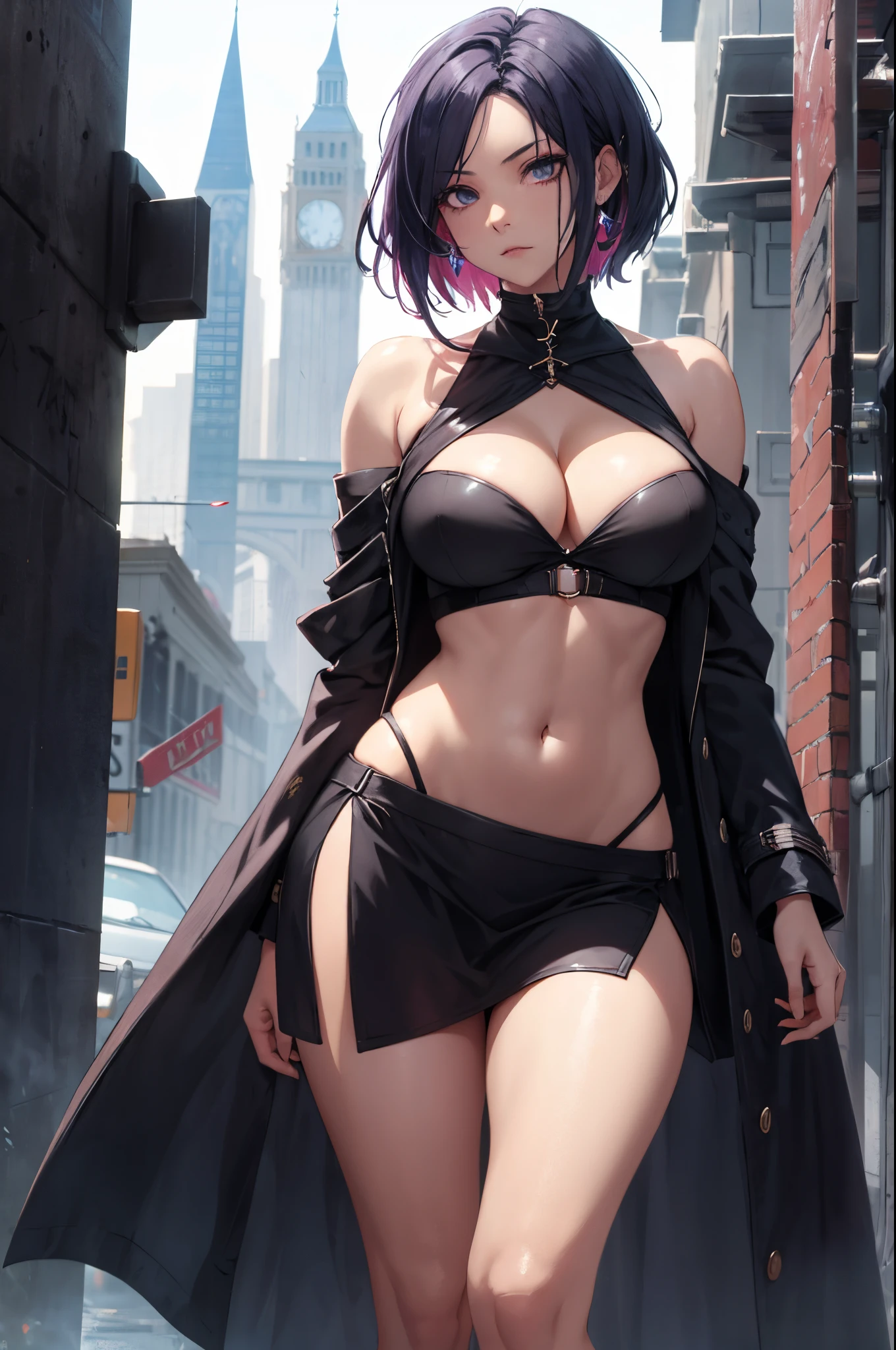 1 woman, milf, tomboy, short hair, two colored hair, wearing double slit skirt and tube top, sorceress, mage, assassin, full body, aggressive, emo, edgy woman, mysterious, scary, horror, otherworld
(Elegant body), beauty majestic, milfication, large breasts, curvaceous but thin, (midriff), navel focus, slim hips, attractive thighs, skinny legs, navel, cleavage, legs apart