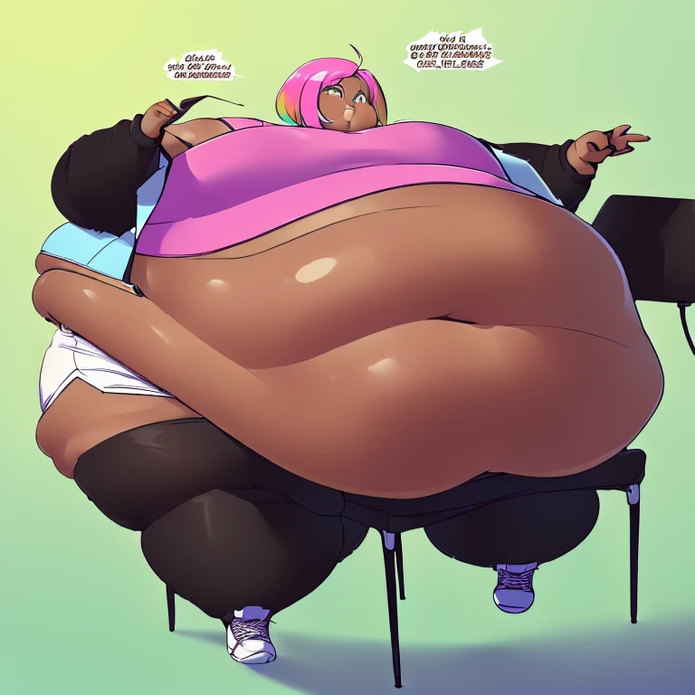 ((High quality:2.0)), High Aesthetic, (masterpiece) ,((Well drawn face))morbidly obese, dark skinned , (Femboy) . pop idol ,(( long Multicolored hair that is White with Hot pink Streaks)), Wearing ((White Jacket half ,a pink Crop top and White shorts,(( Thick thighs, Hyper hips, Large Butt)),breaking a chair under his heavy weight,WeightObese