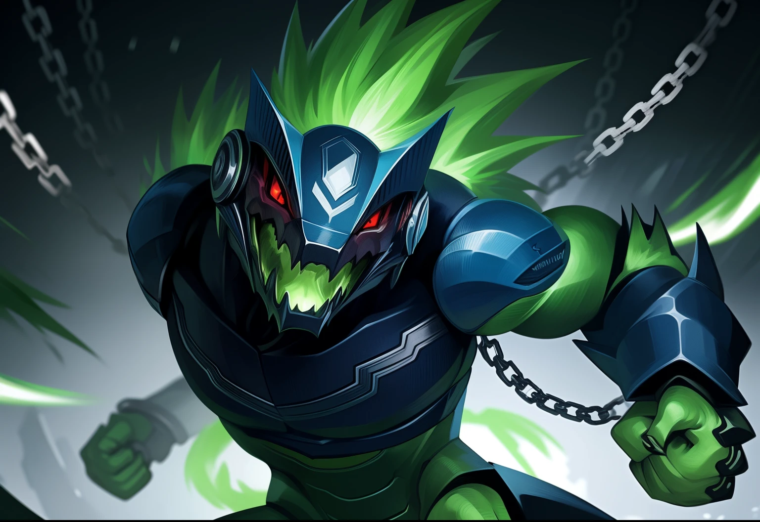 "A male Anthro with a green body, wearing a robot armor and a chain, has red eyes and green hair. The body is covered with reptilian scales. His mouth shows sharp teeth. The robot armor is detailed and consists of intricate mechanical parts. The artwork should have the best quality, be ultra-detailed, and realistic. The color palette should emphasize vivid greens and vibrant hues. The lighting should be dramatic, casting dynamic shadows and highlights on the character. The background should be minimalistic, with no distracting elements, focusing the attention on the character. The figure should be in a powerful and dynamic pose, with the right hand clenched in a restrictive punch."

clew: "A male Anthro with a green body，Wearing robot armor and chain rings，Has red eyes and green hair。Body covered with reptilian scales。His mouth shows sharp teeth。Robot armor is rich in detail，and consists of complex mechanical parts。Artwork should be of the best quality，super detailing，And realistic。The color palette should emphasize bright greens and vibrant tones。Light should be dramatic，Cast dynamic shadows and highlights on characters。Background should be simple，No distracting elements，Focus on the character。Character poses should be powerful and dynamic，Make a restrictive fist with your right hand。"