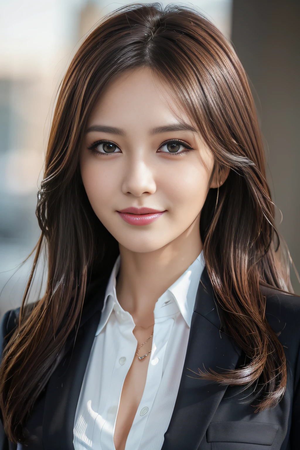 masutepiece, Best Quality, Photorealistic, Ultra-detailed, finely detail, High resolution, 8K Wallpaper, 1 beautiful woman,, light brown messy hair, in a business suit, foco nítido, Perfect dynamic composition, Beautiful detailed eyes, detailed hairs, Detailed realistic skin texture, Smiling, Close-up portrait, Model body type