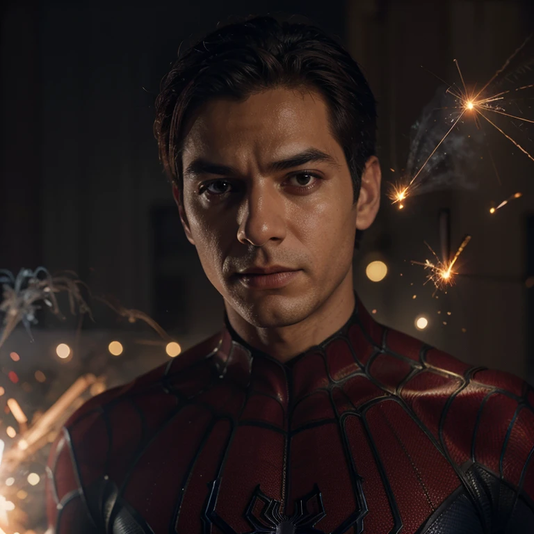 spider man without the mask, jovem, uniforme rasgado, olhar triste, in the background smoke and sparks, uniforme real, hiperrealista, 4 k, fotografia sony
