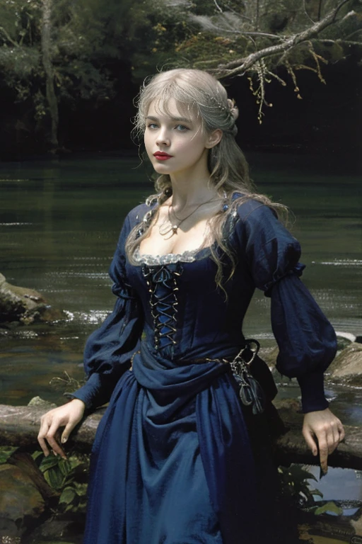 Qualidade de imagem superior、obra prima、aquarela paiting、O estilo de Arthur Rackham、air perspective、thirds rule、Nordic man1Pessoas menina bonita、olhos ligeiramente menores、Cara bem pequena、maquiagem leve、cabelo curto loiro platinado;、bundas de middlebreastig、Luvas leglack ligeiramente mais grossas、Gothic long sleeve dress、saia longa、On the banks of the springs、o bosque、nuvens cumulonimbus