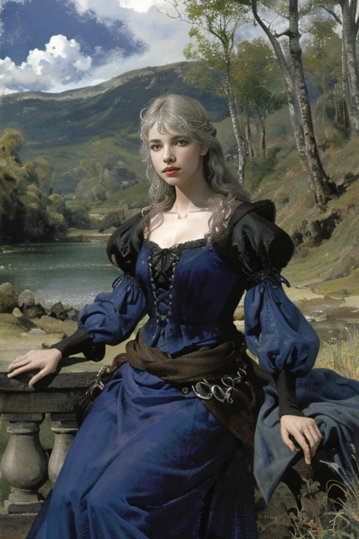 Qualidade de imagem superior、obra prima、aquarela paiting、O estilo de Arthur Rackham、air perspective、thirds rule、Nordic man1Pessoas bonita、olhos ligeiramente menores、Cara bem pequena、maquiagem leve、cabelo curto loiro platinado;、bundas de middlebreastig、Luvas leglack ligeiramente mais grossas、Gothic long sleeve dress、saia longa、On the banks of the springs、o bosque、nuvens cumulonimbus
