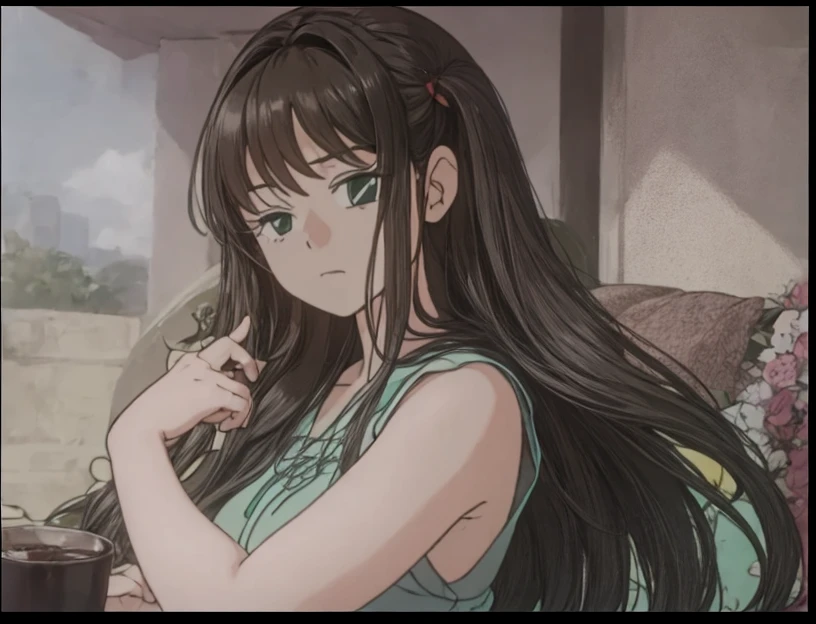 A beautiful woman with long hair is glaring in green clothes。