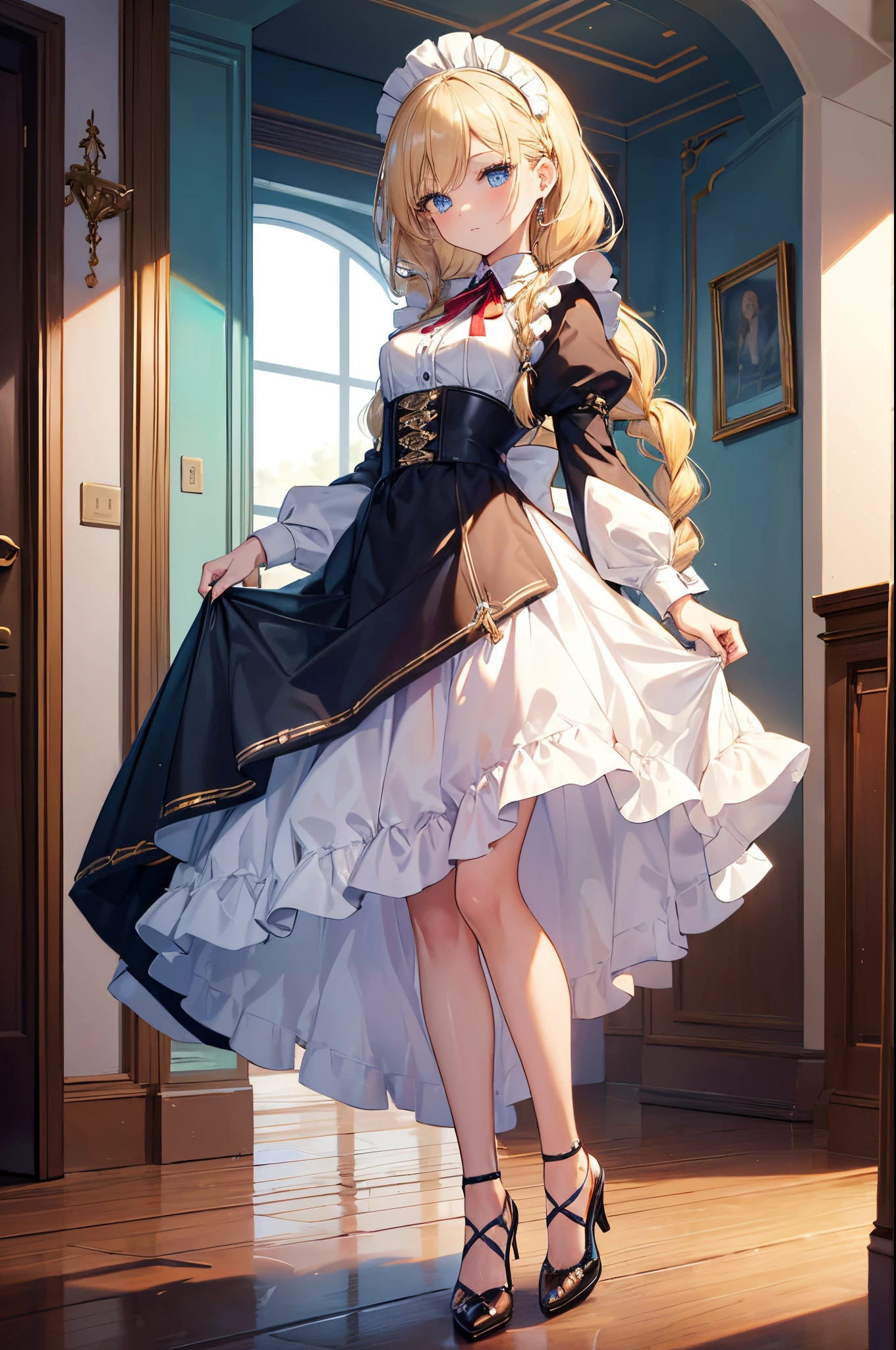 ((best quality)), ((masterpiece)), (detailed), perfect face, Solo, 1 girl, detailed eyes, shiny skin, shiny hair, blue turquoise eyes, blonde hair, high heels, ((tall)), braided hair, ((long braided hair)), 1 braid, maid outfit, full body, shiny hair, shiny skin, midriff, small breasts, coffee shop, red tie,