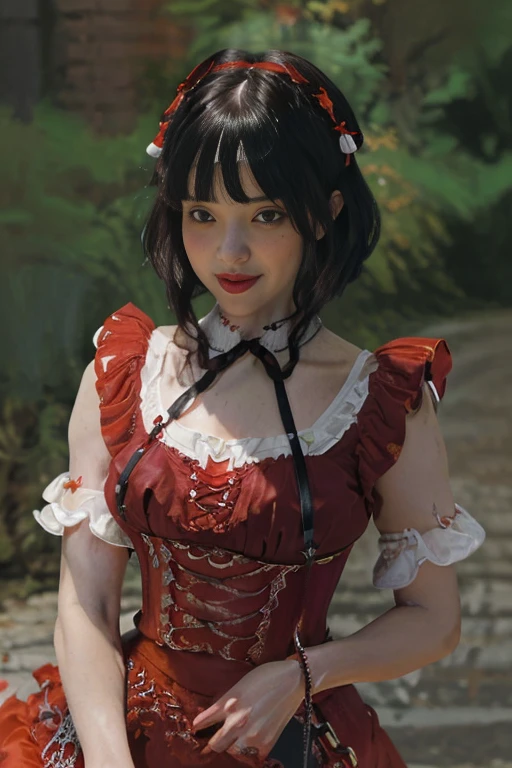 1woman, masterpiece, best quality, ultra-detailed, beautiful detailed, (((extremely detailed face))), (((blunt bangs))), (((big frills and ribbon))), grin, (((red blouse))), (black skirt), suspender dress, frills, lace, (long hair), ((garter belt)), (((piercing jewelry))), (((look down))), (dirty street), (jack o lantern), (Red Riding Hood), (crowd), ((short bob hair))