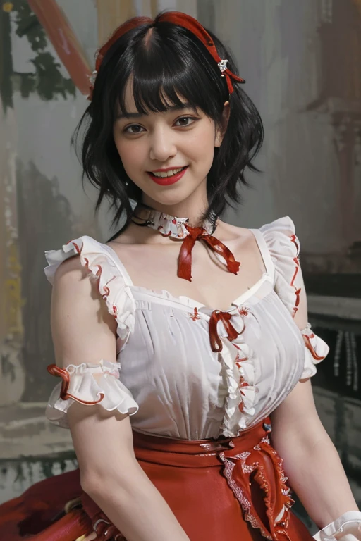 1woman, masterpiece, best quality, ultra-detailed, beautiful detailed, (((extremely detailed face))), (((blunt bangs))), (((big frills and ribbon))), grin, (((red blouse))), (black skirt), suspender dress, frills, lace, (long hair), ((garter belt)), (((piercing jewelry))), (((look down))), (dirty street), (jack o lantern), (Red Riding Hood), (crowd), ((short bob hair))