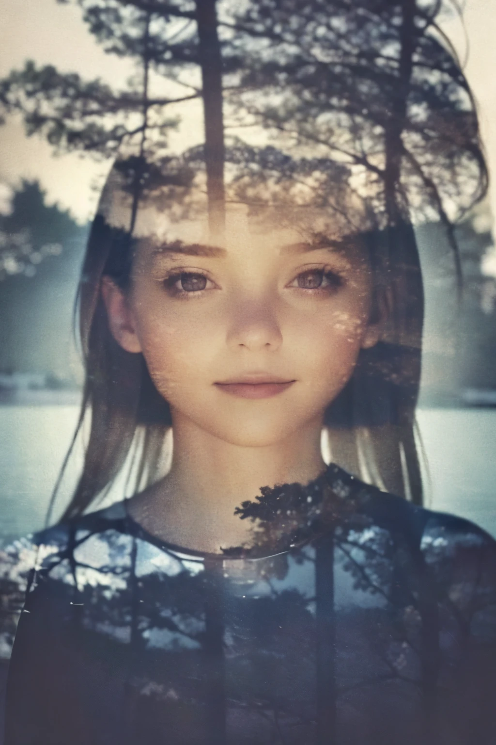 Amazingly realistic smiling girl images, Her clothes blend into the dreamy lakeside background, Enhanced further with mesmerizing multiple exposure effects.