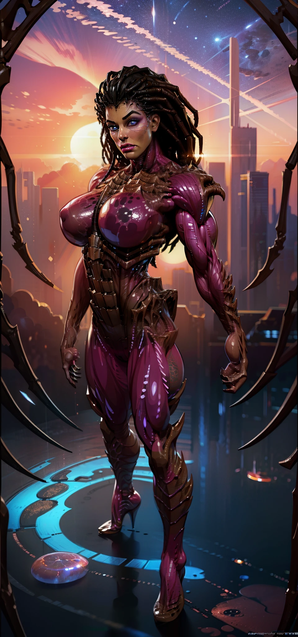 ((view from above:1.2)), 1female,35yo,extremely large bosom, 独奏,(((Background with:dark space, galaxies,space station,sun glare))), (puffy lips:1.2), ((sarah kerrigan, mature face)),bobo head,Stand on the plane,seen from the front (((masterpiece),(Very detailed CG unity 8K wallpaper),((muscular)), ((muscular legs:1.4)), ((muscular biceps:1.2)), best qualtiy,cinematic lighting,detailed back ground,beautiful detailed eye, right pupil, blue eyes,Redlip(Very fine and beautiful),(Beautiful and detailed eye description),ultra - detailed,masterpiece,))A high resolution,ultra - detailed),(gigantic breasts:1.3),legs standing wide apart,Raised sexy, lushed complexion,Desire for satisfaction,frontage)scifi style