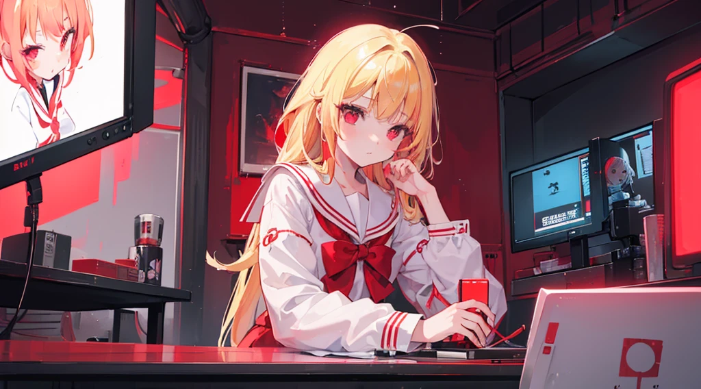 (2 girls, blonde hair, red eyes, sailor suit, kawaii), (red cyberpunk, room with big monitors, red neon)