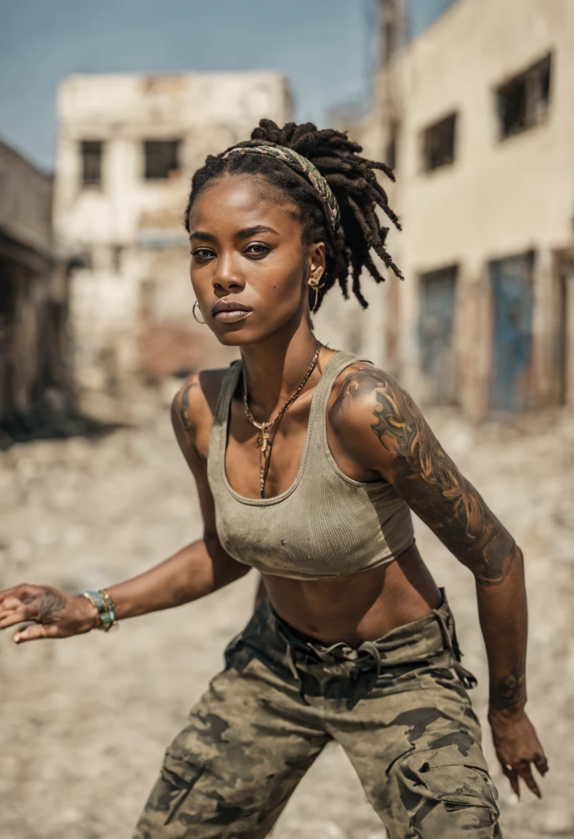beautiful african woman, with short dreadlock hairstyle, wearing camouflage hairband, full body, tribal tattoos,sharp focus, perfect lighting, awesome, dslr, 4k high quality. extra detail, extra sharp, magical, perfect moment, natural skin, Garbage all over the ground,abandoned city