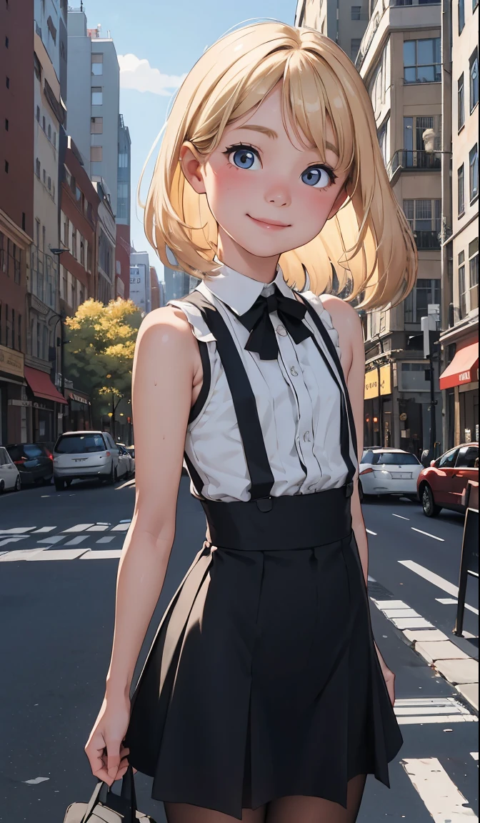 Perfect picture,,{suspender skirt girl}{In the city}{Beautiful }{hedonism},{I enjoy},8 girl,4K picture quality, Cinematic,,{Gamine},{small body and chest,,,,,,,,} Longhaire,a blond,cute expression,face perfect,{girl showing a smile}