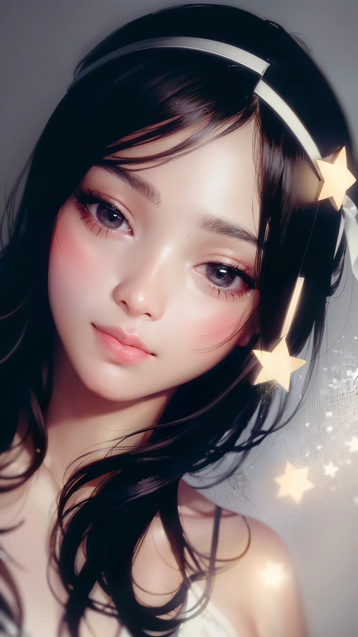 a close up of a woman with a headband with stars on it, with stars, with kind face, wearing angel halo, with accurate face, blurry image, tumblr, face picture, wearing angel halo covered face, asian face, face  brightly lit, with round face, potrait, profile image, stars in her eyes, non blurry, background  heavenly