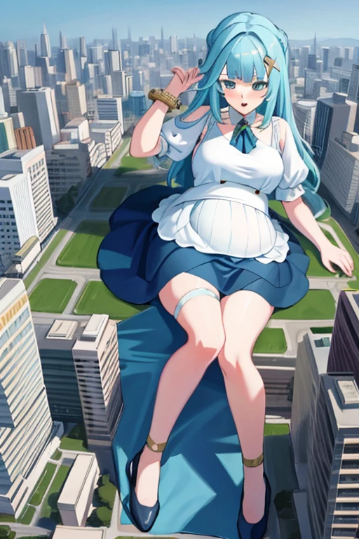 Giant maiden，Moe two-dimensional style，Pregnancy status，Round belly，Gaze at the bustling city, Lying down,  Maid clothes, Full body