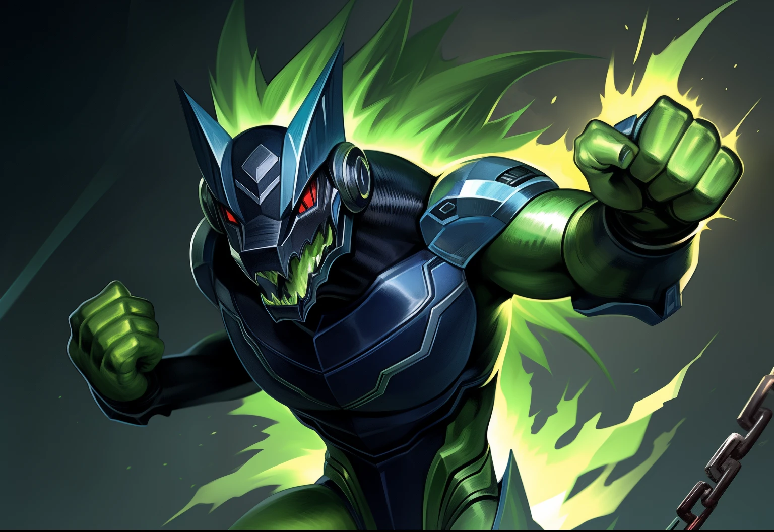 "A male Anthro with a green body, wearing a robot armor and a chain, has red eyes and green hair. The body is covered with reptilian scales. His mouth shows sharp teeth. The robot armor is detailed and consists of intricate mechanical parts. The artwork should have the best quality, be ultra-detailed, and realistic. The color palette should emphasize vivid greens and vibrant hues. The lighting should be dramatic, casting dynamic shadows and highlights on the character. The background should be minimalistic, with no distracting elements, focusing the attention on the character. The figure should be in a powerful and dynamic pose, with the right hand clenched in a restrictive punch."

clew: "A male Anthro with a green body，Wearing robot armor and chain rings，Has red eyes and green hair。Body covered with reptilian scales。His mouth shows sharp teeth。Robot armor is rich in detail，and consists of complex mechanical parts。Artwork should be of the best quality，super detailing，And realistic。The color palette should emphasize bright greens and vibrant tones。Light should be dramatic，Cast dynamic shadows and highlights on characters。Background should be simple，No distracting elements，Focus on the character。Character poses should be powerful and dynamic，Make a restrictive fist with your right hand。"