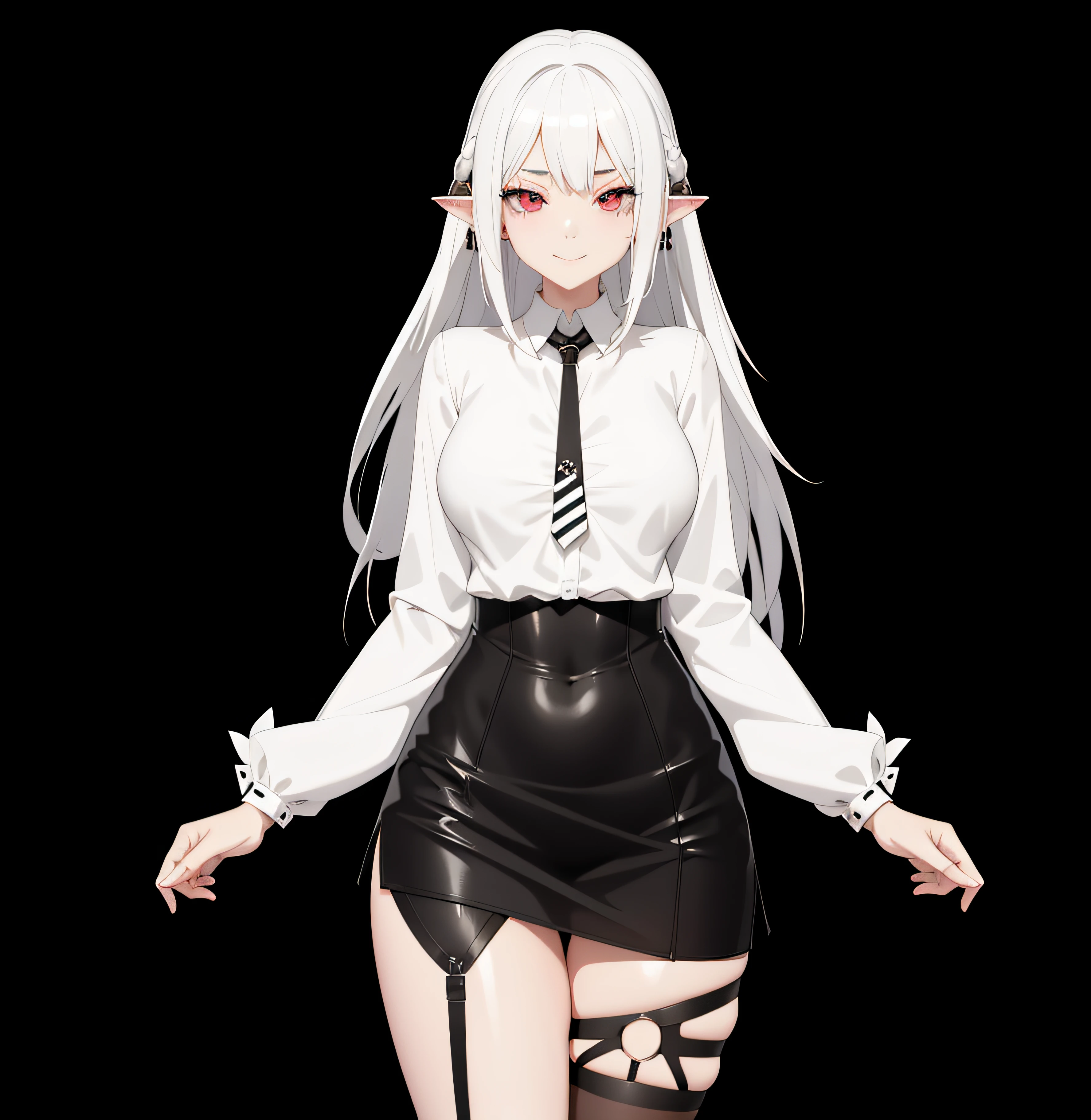 Anime girl with white hair and black skirt posing for photo, Rendering of a cute 3D anime girl, highly detailed character, Gormo Adrian Grimdak, Anime style 3D, Gaimoyedre, render of april, Demon anime girl, standing and smiling pose, anime vtuber full body model, A single character full body, Full body figures,，sexy women，Tight fitting shirts，anime figure