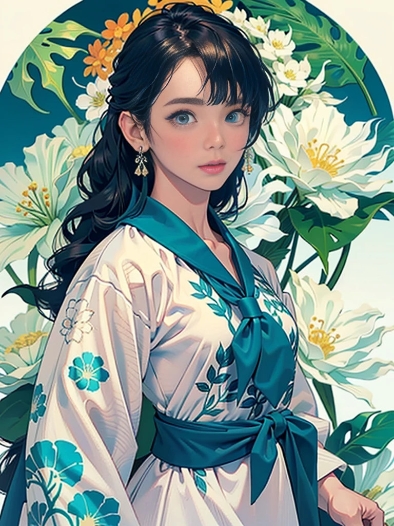 Create award-winning work, Highly detailed vector illustration of comic style wallpaper,Lots of turquoise and creamy flowers, decorated with intricate leaves.a sailor suit、beautiful a girl、high quality eyes、holding a machine gun、Beautiful nasal muscles
