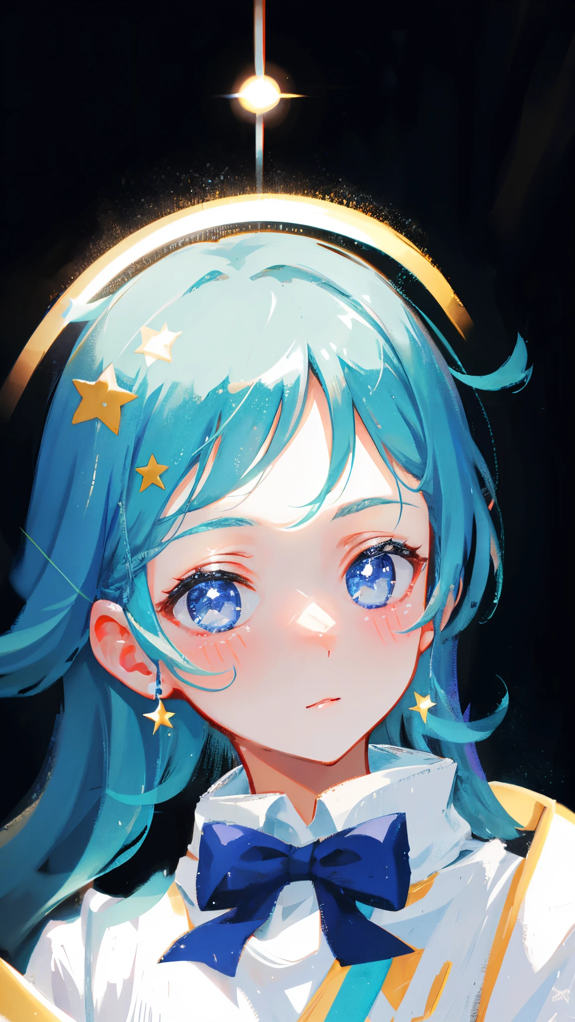 a close up of a woman with a headband with stars on it, with stars, with kind face, wearing angel halo, with accurate face, blurry image, tumblr, face picture, asian face, wearing angel halo covered face, with round face, face brightly lit, potrait, profile image, stars in her eyes, background heavenly, non blurry