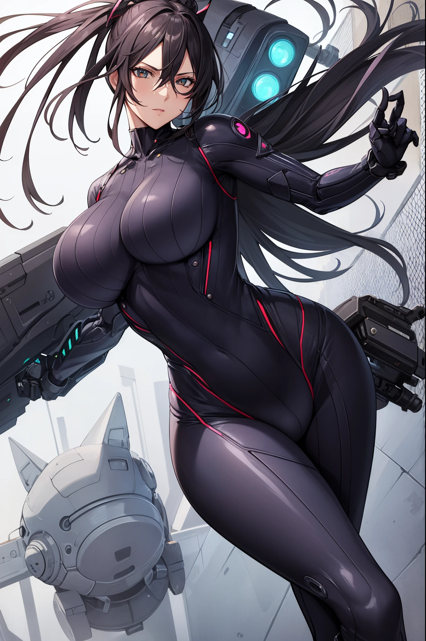 1 woman, woman in a futuristic suit posing for a picture, oppai cyberpunk, biomechanical oppai, highly detailed face, large boobs, emo, cool, tomboy, aggressive woman, stunning eyes, natural hair, flowing hair, detailed lighting, dynamic angle, (extreme shading), gorgeous eyes, stealth suit, gynoid body, cybersuit, (bodysuit covering skin), taimanin suit, long legs, skinny legs, curvaceous but thin, skinny, slim hips, milfication, mature female, milf, very large breasts, (seductive anime girl, wearing tight suit), fuumasaika, science fiction, gantz