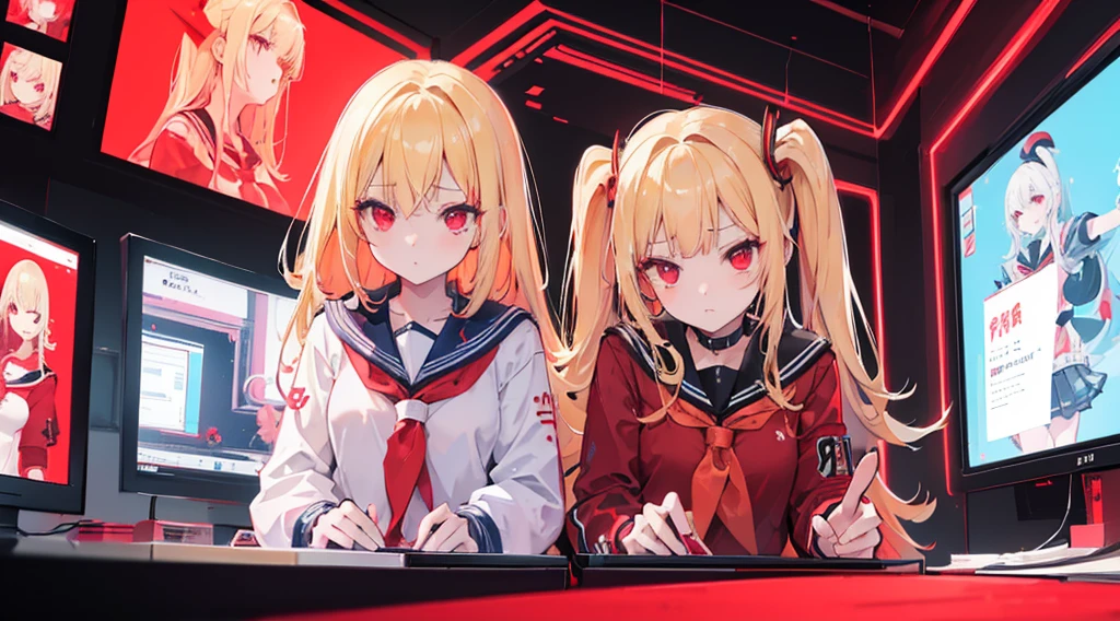 (2 girls, blonde hair, red eyes, sailor suit, kawaii), (red cyberpunk, room with big monitors, red neon)