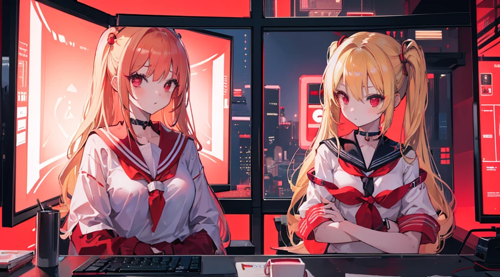 (2 girls, blonde hair, red eyes, sailor suit, kawaii), (red cyberpunk, room with big monitors, red neon)