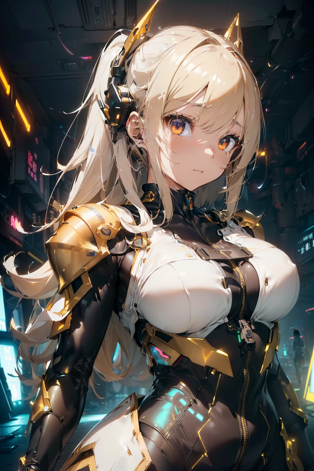 Arknights girl (masterpiece), best quality, expressive eyes, (((in hyper realistic and detailed neon-lit sci-fi plugsuit golden & white armor, aethereal aesthetic style))) beauty korean idoll, intricate perfect beauty cute face, detailed sharp eyes, hyper realistic and detailed hair, (((from face to the waist))), (((beauty slim shape))), 4k, UHD