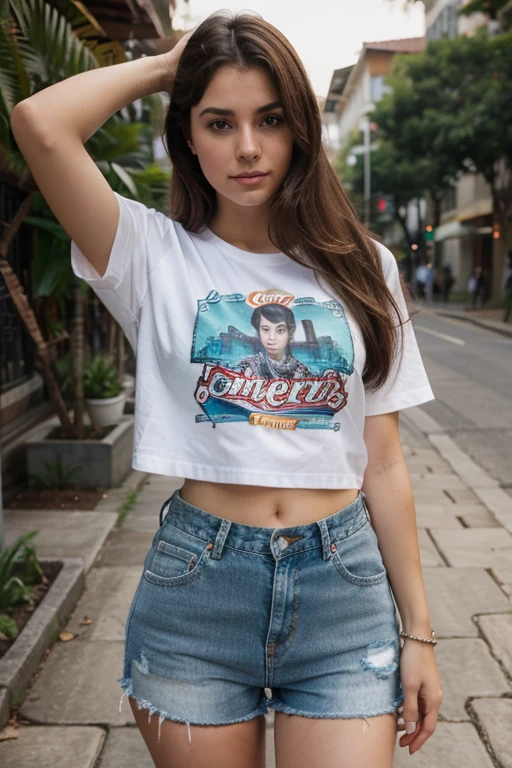 fotografia de uma mulher de 19yo, rosto perfeito, standing on her feet, de blusa e mini short jeans