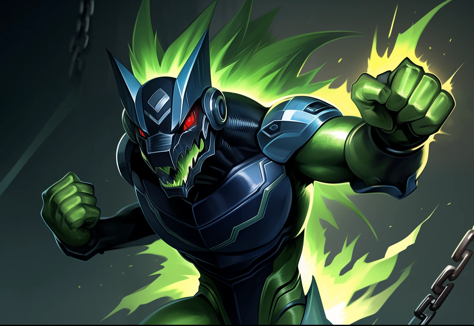 "A male Anthro with a green body, wearing a robot armor and a chain, has red eyes and green hair. The body is covered with reptilian scales. His mouth shows sharp teeth. The robot armor is detailed and consists of intricate mechanical parts. The artwork should have the best quality, be ultra-detailed, and realistic. The color palette should emphasize vivid greens and vibrant hues. The lighting should be dramatic, casting dynamic shadows and highlights on the character. The background should be minimalistic, with no distracting elements, focusing the attention on the character. The figure should be in a powerful and dynamic pose, with the right hand clenched in a restrictive punch."

clew: "A male Anthro with a green body，Wearing robot armor and chain rings，Has red eyes and green hair。Body covered with reptilian scales。His mouth shows sharp teeth。Robot armor is rich in detail，and consists of complex mechanical parts。Artwork should be of the best quality，super detailing，And realistic。The color palette should emphasize bright greens and vibrant tones。Light should be dramatic，Cast dynamic shadows and highlights on characters。Background should be simple，No distracting elements，Focus on the character。Character poses should be powerful and dynamic，Make a restrictive fist with your right hand。"