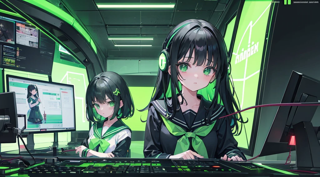 (2 girls, black hair, green eyes, sailor suit, operating, kawaii), (green cyberpunk, room with big monitors, green neon)