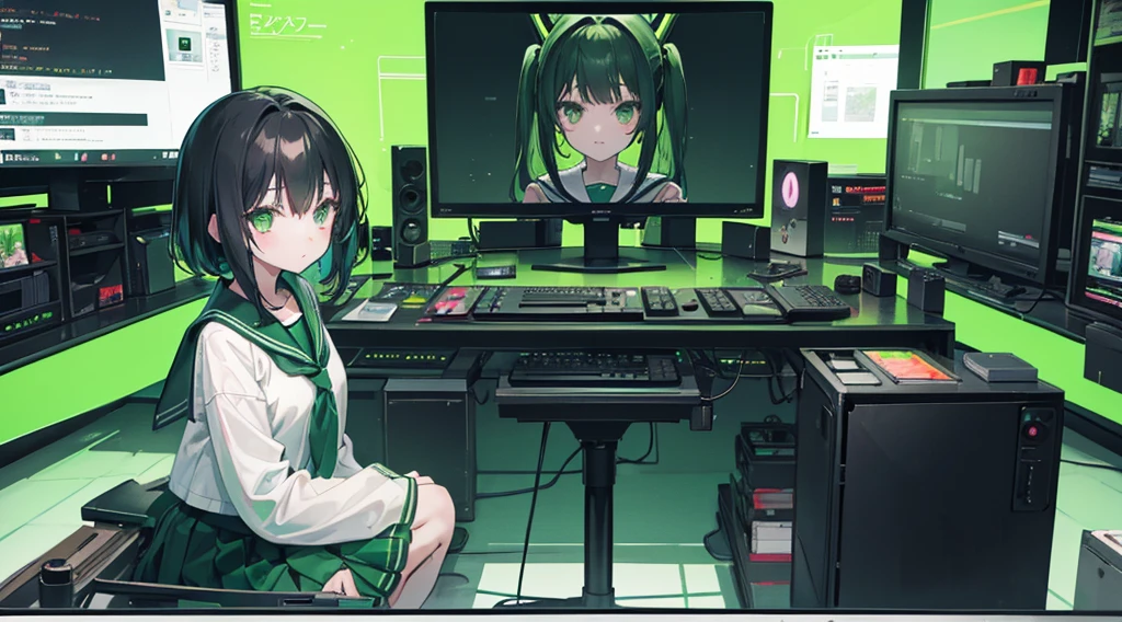 (2 girls, black hair, green eyes, sailor suit, operating, kawaii), (green cyberpunk, room with big monitors, green neon)