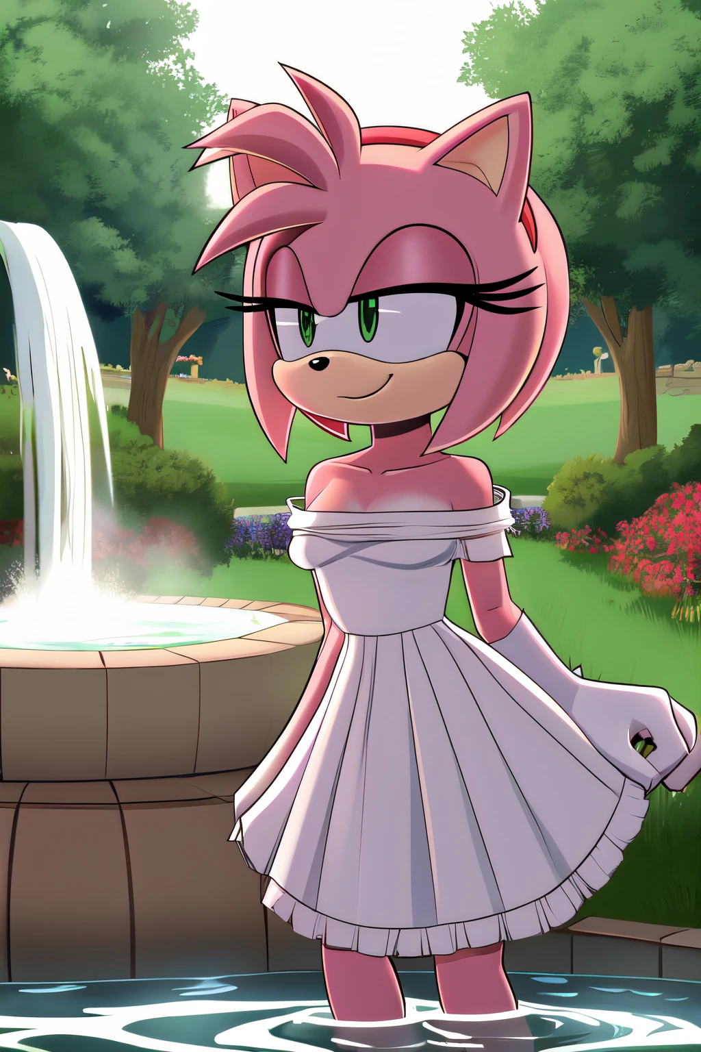 Amy Rose, Bare Shoulders, Strapless White Dress, White Lace Off-shoulder top, White Ruffle Off-the-Shoulder Top, White Long Skirt, Bangs, Smile, Standing Up, Hands Down, Garden Background, water fountain, close-up, daylight, 2D flat, 2D illustration, cartoon style.