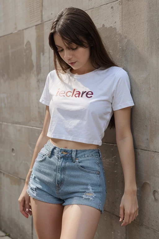 fotografia de uma mulher de 19yo, rosto perfeito, standing on her feet, de blusa e mini short jeans