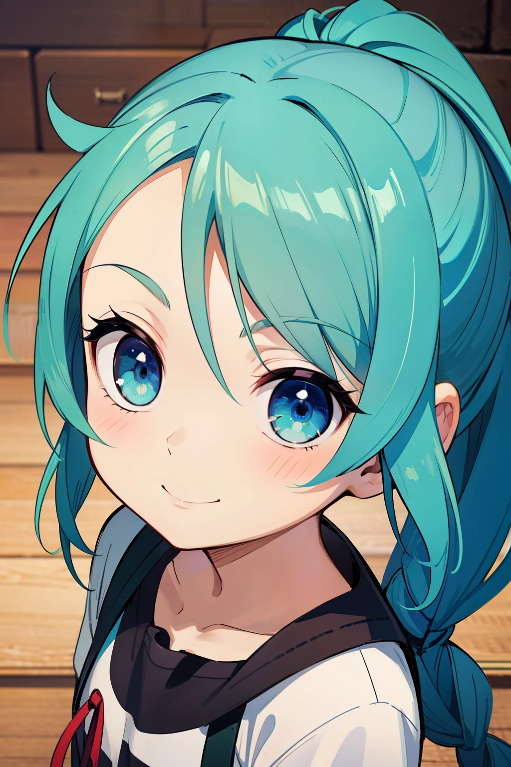 (high-quality, breathtaking),(expressive eyes, perfect face) 1girl, female, solo, child, toddler, small, young kid, blue hair, green coloured eyes, stylised hair, gentle smile, long length hair, loose hair, side bangs, curley hair, tied up, red ribbon in hair, braided ponytail, modern clothes, demon slayer art style, looking at viewer, portrait