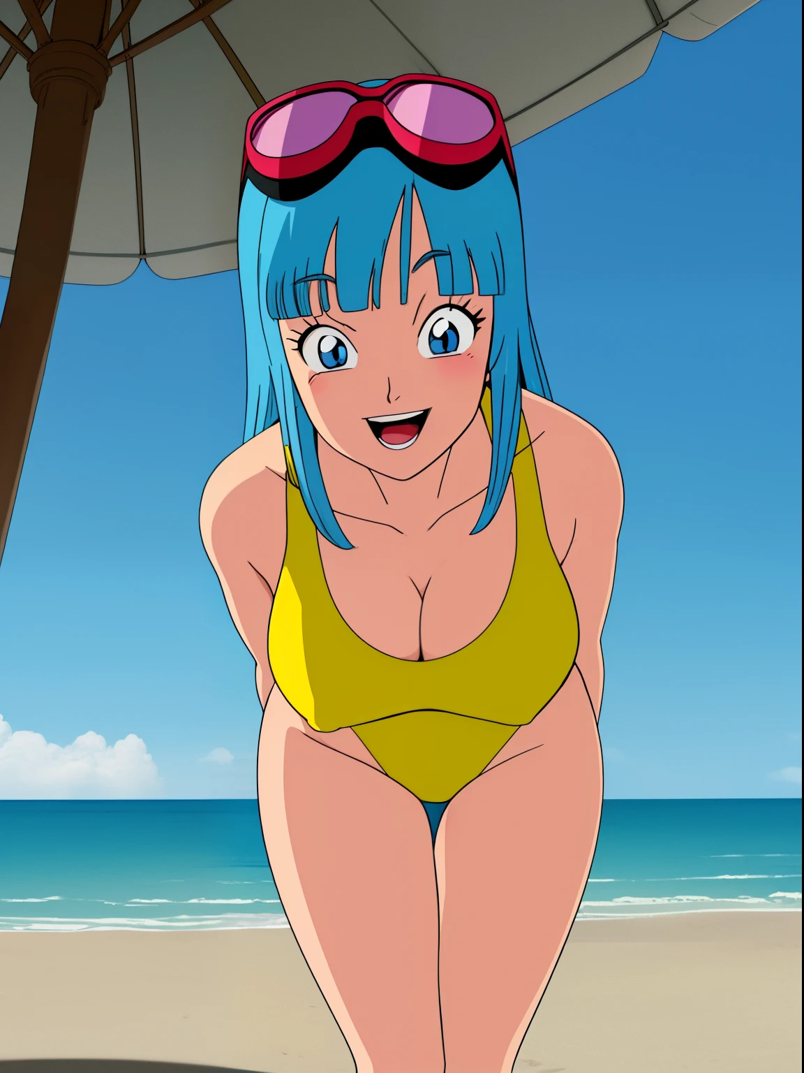 best quality,masterpiece,maron, beach, ocean, ((yellow one-piece swimsuit)), blue eyes, aqua hair, goggles on head, smile, happy, blush, blunt bangs, long hair cleavage,arms behind back, contrapposto,leaning forward,huge breasts,1girl, solo, ben10