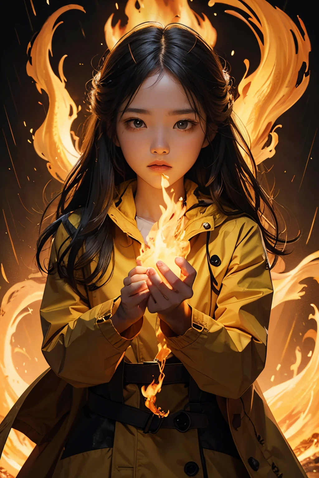 Hand holding fire, yellow background, usinh rain coat