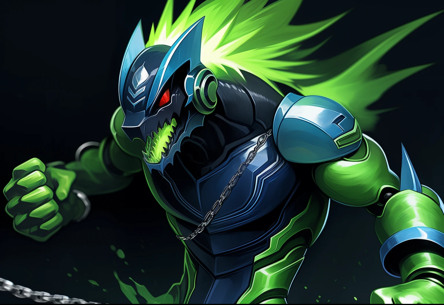 "A male Anthro with a green body, wearing a robot armor and a chain, has red eyes and green hair. The body is covered with reptilian scales. His mouth shows sharp teeth. The robot armor is detailed and consists of intricate mechanical parts. The artwork should have the best quality, be ultra-detailed, and realistic. The color palette should emphasize vivid greens and vibrant hues. The lighting should be dramatic, casting dynamic shadows and highlights on the character. The background should be minimalistic, with no distracting elements, focusing the attention on the character. The figure should be in a powerful and dynamic pose, with the right hand clenched in a restrictive punch."

clew: "A male Anthro with a green body，Wearing robot armor and chain rings，Has red eyes and green hair。Body covered with reptilian scales。His mouth shows sharp teeth。Robot armor is rich in detail，and consists of complex mechanical parts。Artwork should be of the best quality，super detailing，And realistic。The color palette should emphasize bright greens and vibrant tones。Light should be dramatic，Cast dynamic shadows and highlights on characters。Background should be simple，No distracting elements，Focus on the character。Character poses should be powerful and dynamic，Make a restrictive fist with your right hand。"