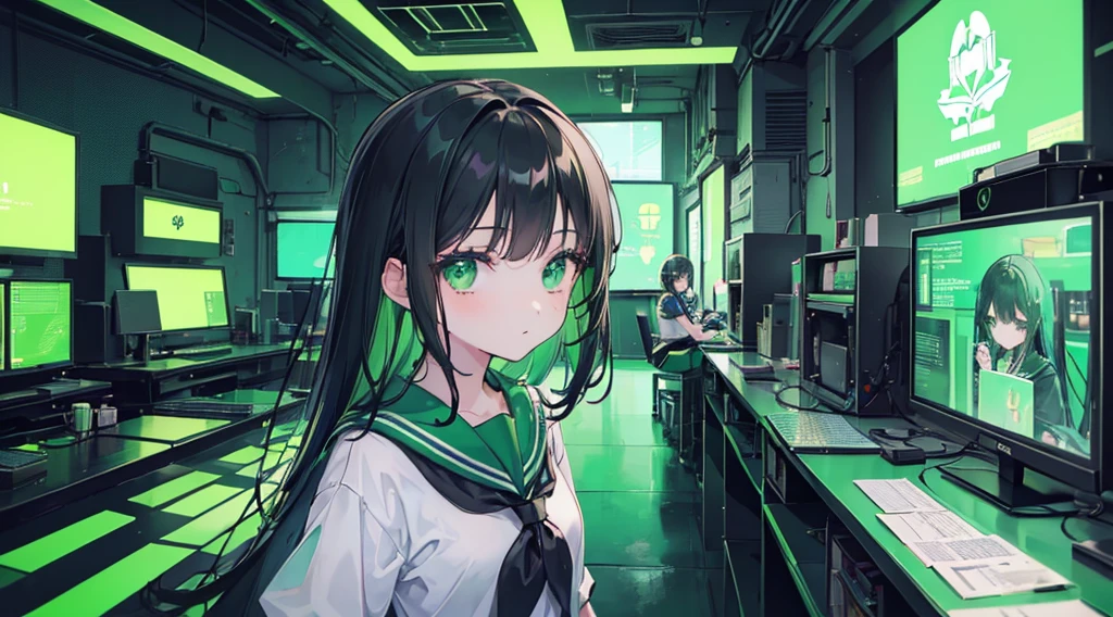 (2 girls, black hair, green eyes, sailor suit, kawaii), (green cyberpunk, room with big monitors, green neon)