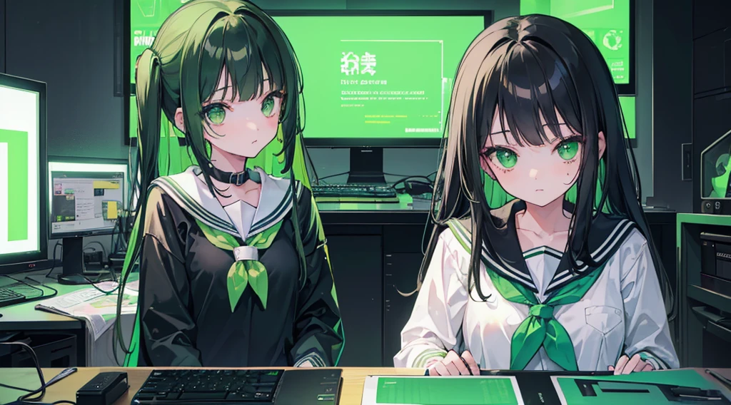 (2 girls, black hair, green eyes, sailor suit, kawaii), (green cyberpunk, room with big monitors, green neon)