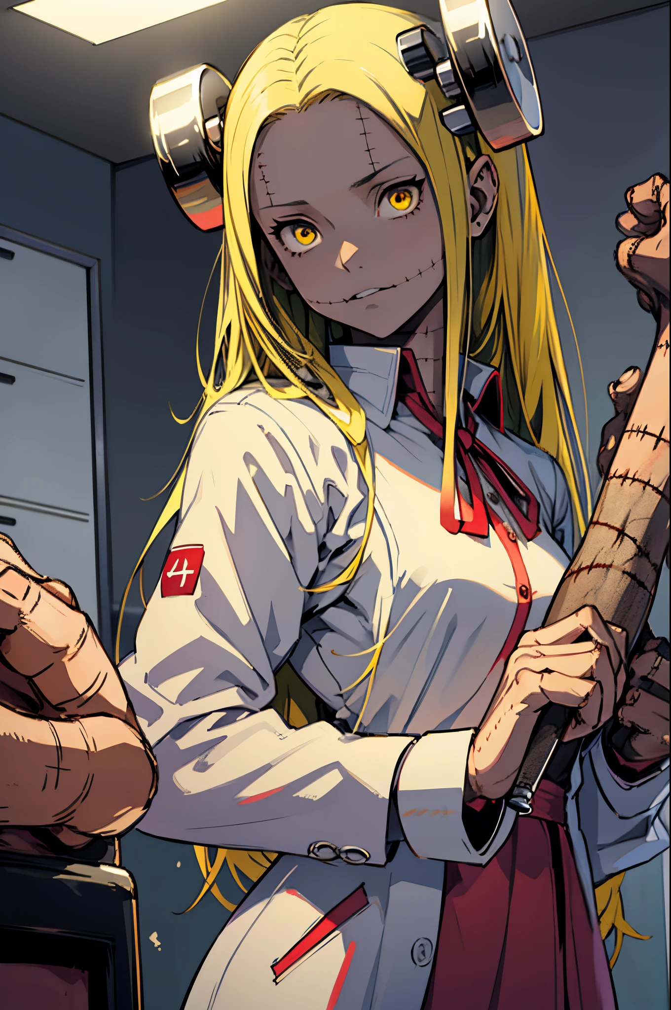 Madaraki_Fran , A  girl, , stands , at the surgeon&#39;s&#39;S&#39;S&#39;S&#39;S&#39;uniform , Eyes of different colors , clear face , Clean hands , hairlong , yellow hair,seams , Scars on the body , A creepy look , scary eyes , An intimidating look, crazy eyes , yandere , scalpels in hands , veins in the background,background simple