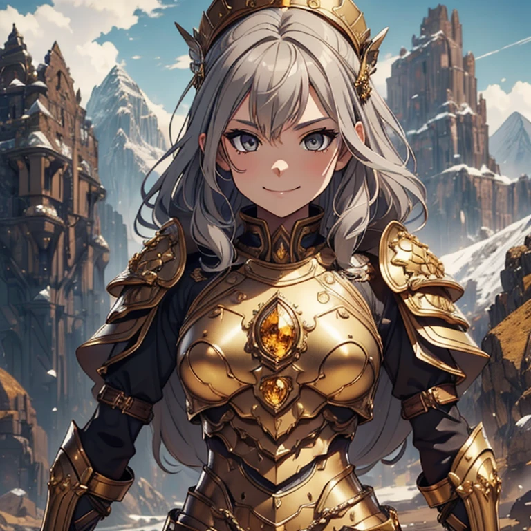 Master piece, 8k, ultra detailed, bronze armor, yellow topaz encrusted, woman, browny grey hair, browny grey eyes, smiley face, mountain background