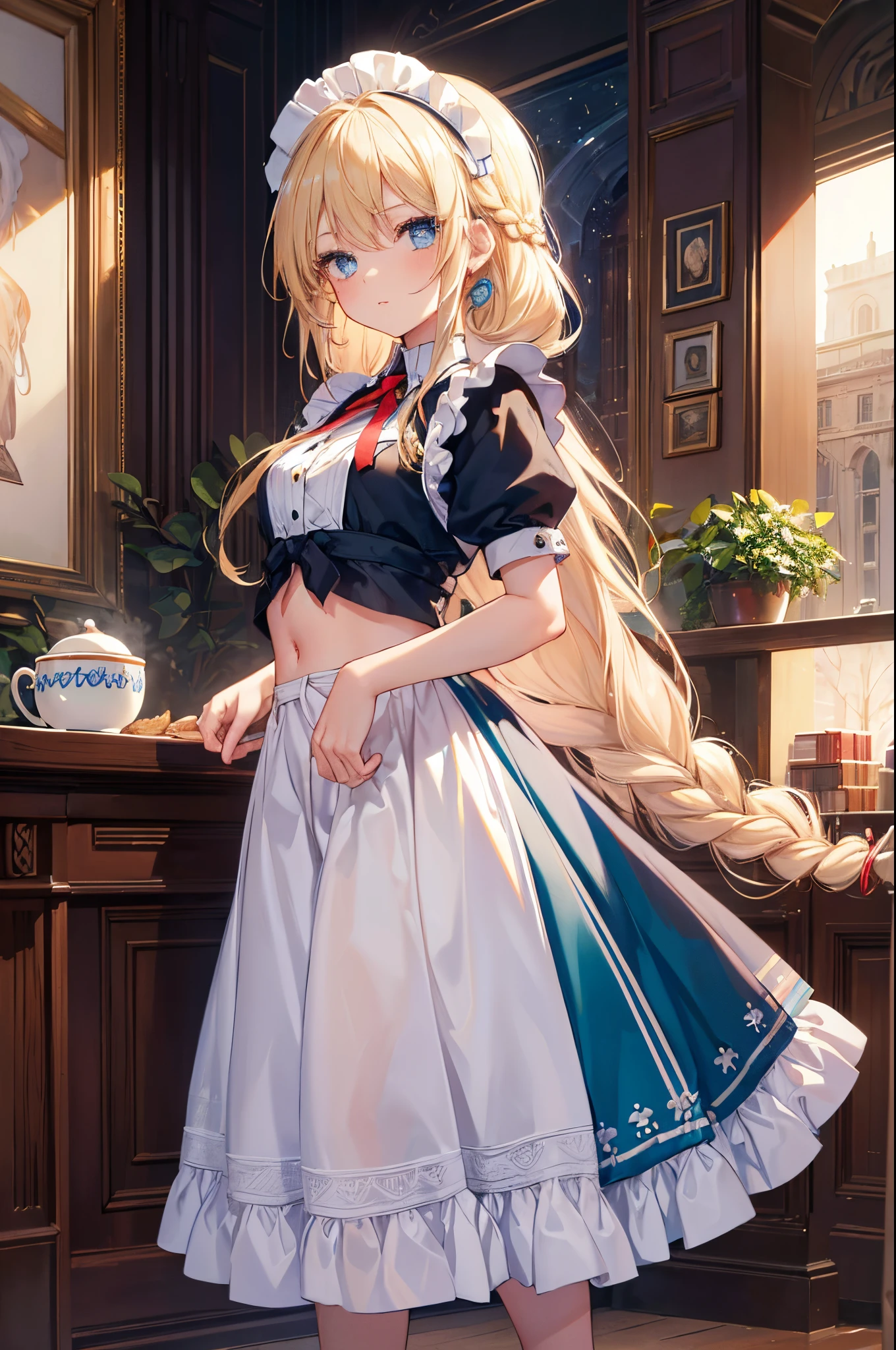 ((best quality)), ((masterpiece)), (detailed), perfect face, Solo, 1 girl, detailed eyes, shiny skin, shiny hair, blue turquoise eyes, blonde hair, ((tall)), braided hair, ((long braided hair)), 1 braid, maid outfit, full body, shiny hair, shiny skin, midriff, small breasts, coffee shop, red tie,