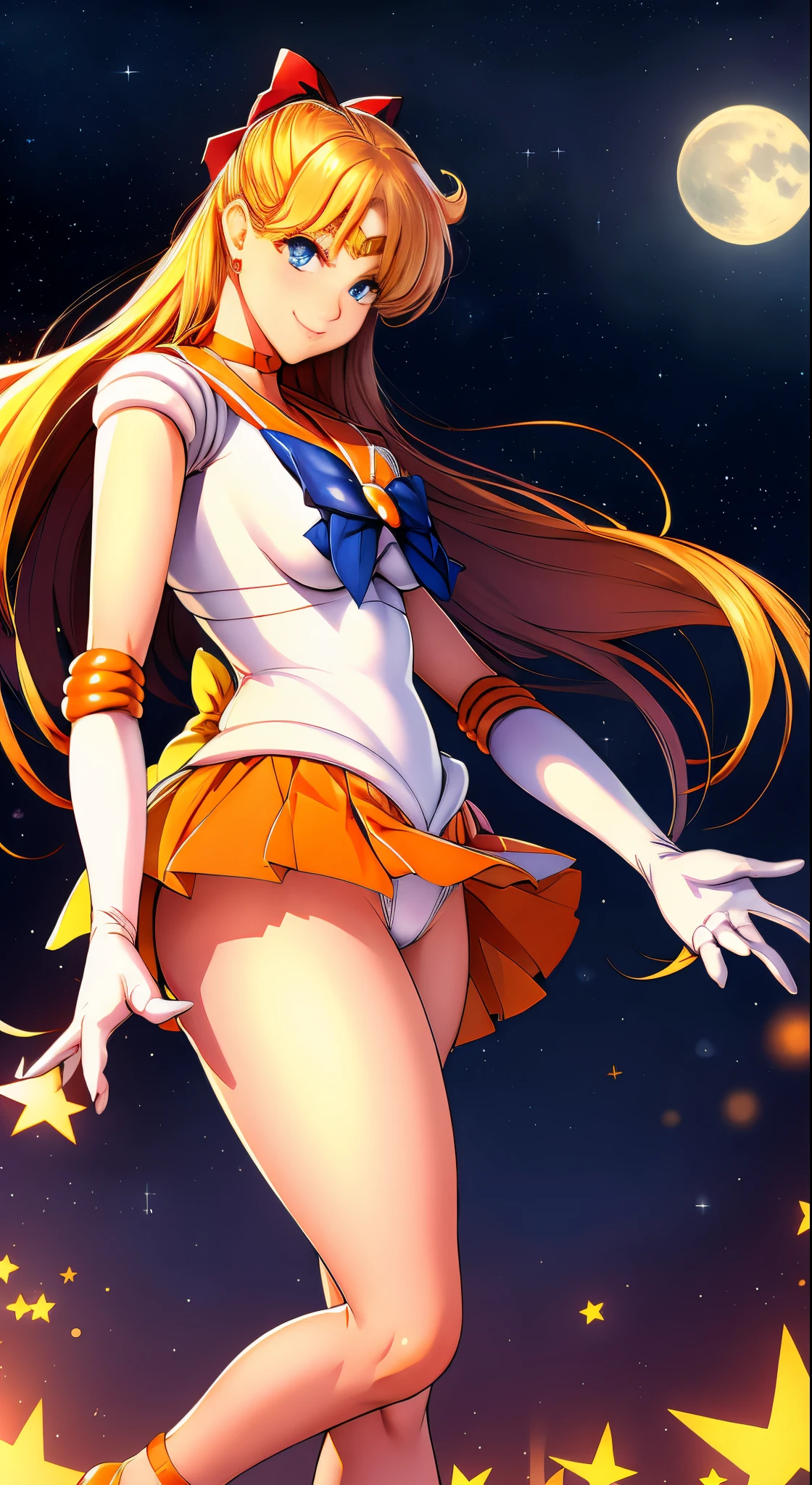 masutepiece, Best Quality, hight resolution, SV1, Sailor Senshi Uniform, Orange skirt, White shorts、Full view of pants、elbow groves, tiarra, Pleated skirt, Flipping up a miniskirt, White panty、Red bow, orangechoker, White Gloves, Jewelry, Starry sky, badass pose, slight smile, Portrait, floating, Moon, Upper body