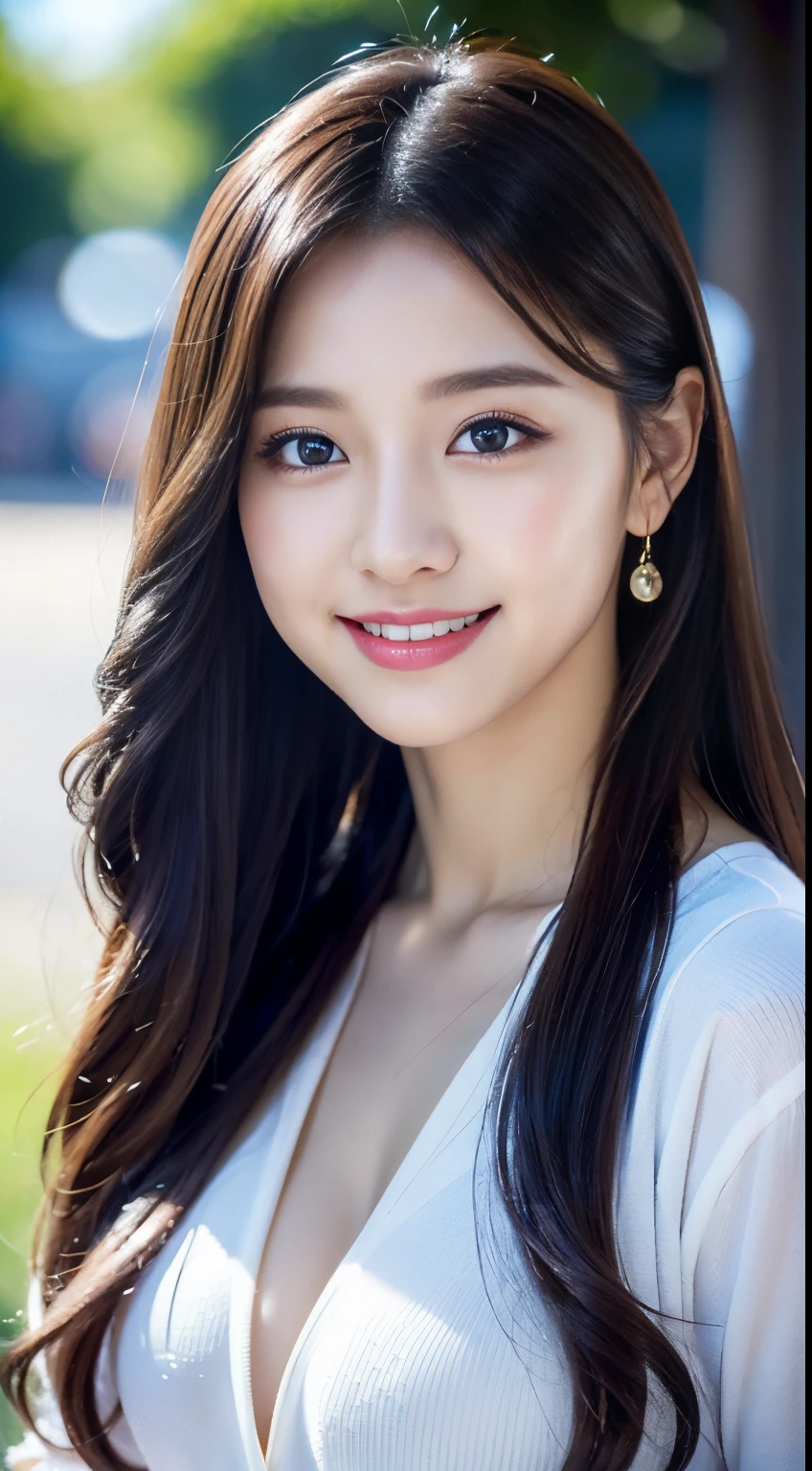 （32ｋ,high detal,high-detail、​masterpiece,Attention to detail,full body Esbian,独奏,Lori：1.6),Raw photo & realistic atmosphere,beautiful dark blue eyes,Detailed mouth,Glossy lips,Detailed eyebrows,Eyes drawn in detail with soft white skin that shines with every detail、azure eyes,Very beautiful eyes,Detailed lips、Very beautiful face,Very well-formed face、Lifelike face,Shiny beautiful lip lawn shiny hair：1.5）,（A beautiful and cute girl ,Illuminate from the front：1.6）,（well-shaped breasts,,Body with good style,：1.5）,（Fashion influenced by K-pop female idols,Clothing based on K-pop fashion,Korean Coordination,natural make up,Japan beautiful girl who likes K-pop,K-pop Dance Fashion,Show full-body fashion：1.8）、A big smile、Ponytail hair