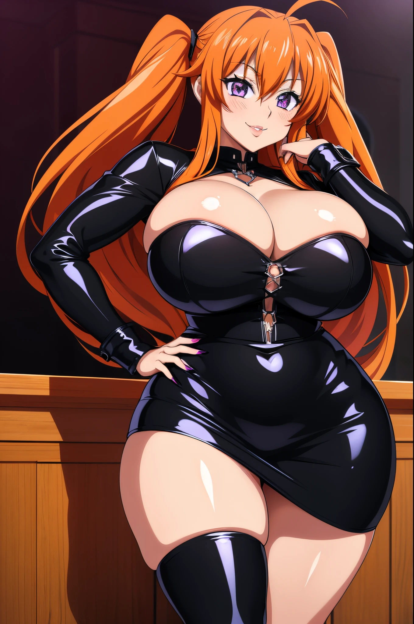 Masterpiece, high resolution, Highschool Dxd, Irina Shidou, 1 girl, ((bimbo))), long orange hair, purple eyes, thick lips, erotic smile face, blushing, wide hips, thick thighs, thick, huge breasts, huge round ass, oily shiny skin, black leather skirt, goth, fishnet, black top, standing up, cleavage,