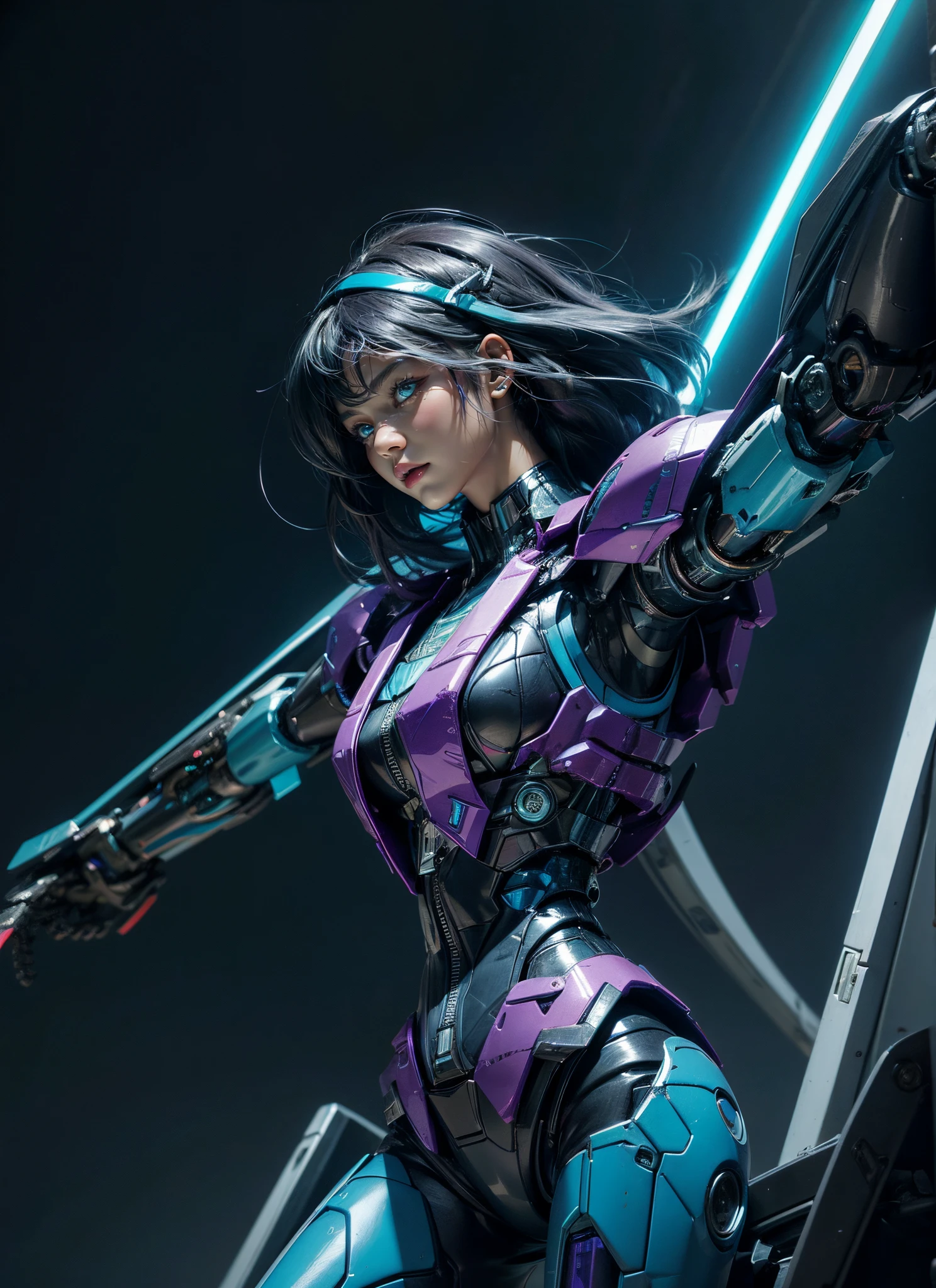 Textured skin, Super Detail, high details, High quality, Best Quality, hight resolution, 1080p, hard disk, Beautiful,(cyborgs),2 females, beautiful girl, Mecha Cyborg Girl,Battle Mode,Girl with a Mecha Body, Dark Purple and turquoise body colour, pighair Dark Purple and cyan colour hairstyle, ear car headband, Wearing a zipper vest Dark blue and Cyan colours, She wears a battle cyborg mech with a neon saber,Fulll body Shot
